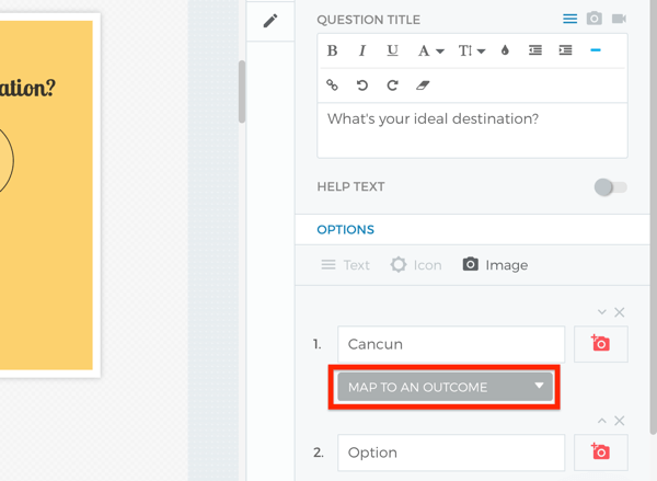 Option to map an outcome for your Outgrow quiz with a the answer to a question.
