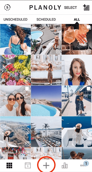Tap the plus symbol to add images to your Instagram feed with the Planoly app.