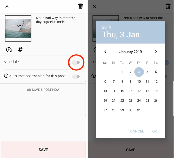 To schedule your post through Planoly, tap the option to schedule, and select a date and time.