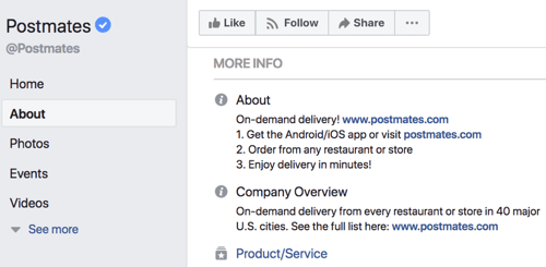 About section for the Postmates Facebook page.