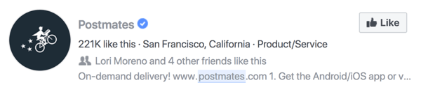 Postmates Facebook page search description on Facebook.