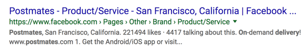 Postmates facebook page as a Google search result.