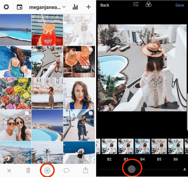 In Preview, tap the wheel icon to edit the image, and use the slider to increase or decrease the effect of a filter.