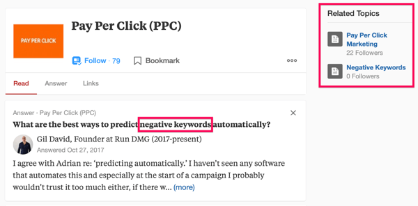 Example of Quora search result including the search term 'PPC' and the phrase 'negative keywords'.