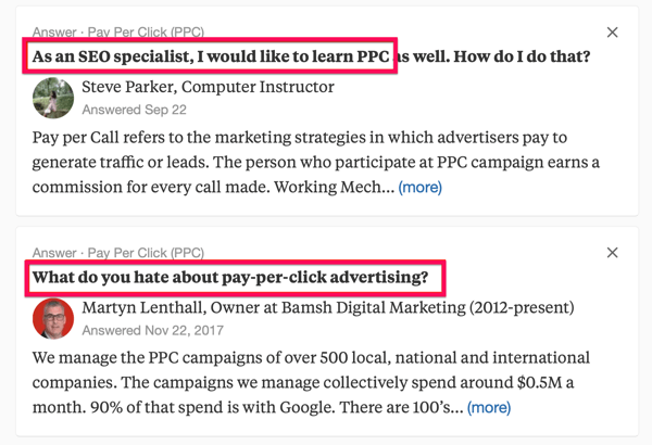 Example of two Quora search results including the search term 'PPC'.