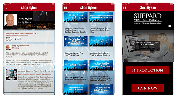 This is a screenshot of preview images from Shep Hyken’s app. The first screen highlights new content from his blog. The second screen lets users browse all this videos. The third screen promoted a virtual training product.