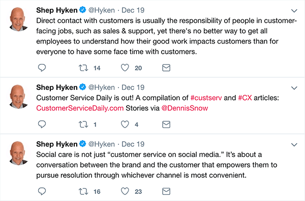 This is a screenshot of three tweets Shep Hyken made about customer service.