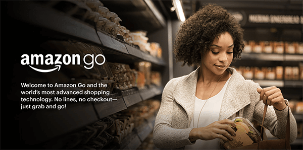 This is a screenshot of a web page that promotes Amazon Go. A black woman is putting an item she took off a shelf into her purse. The text says “Welcome to Amazon Go and the world’s most advanced shopping technology. No lines, no checkout. Just grab and go!” Shep Hyken says Amazon Go is an example of creating a self-service option to provide convenience to customers.