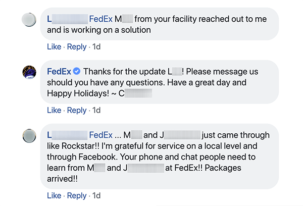 This is a screenshot of a Facebook conversation between FedEx and a customer. The customer tells customer service that someone reached out to them and is helping them with an issue. The customer service representative thanks the customer and encourages them to be in touch if they have questions. The customer then responds with a reply that the local and Facebook customer service people are rockstars. Shep Hyken notes that great social customer service can turn people into brand advocates.