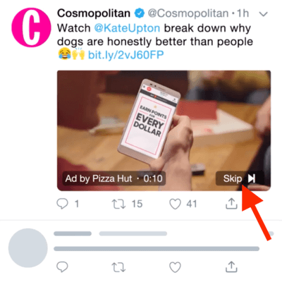 Example of a Twitter Video Ad with the option to skip the ad after 6 seconds.