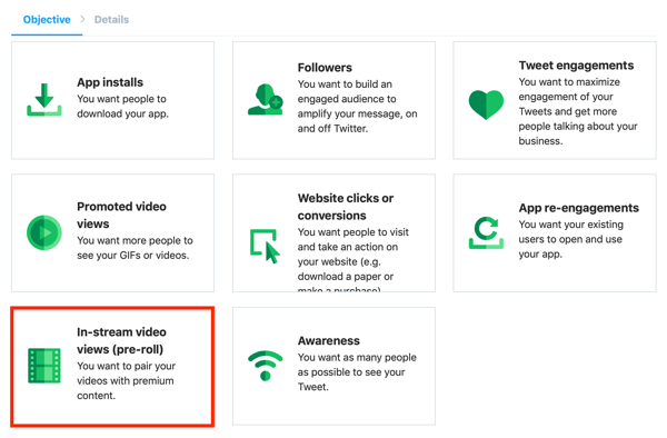 Option to create a In-Stream Video Views (Pre-Roll) Twitter ad from the Twitter Ads dashboard.