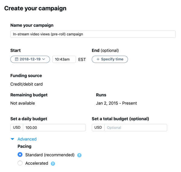 Example of campaign settings for your In-Stream Video Views (Pre-Roll) Twitter ad.