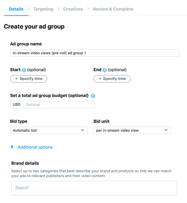 Example of ad group settings for your In-Stream Video Views (Pre-Roll) Twitter ad.