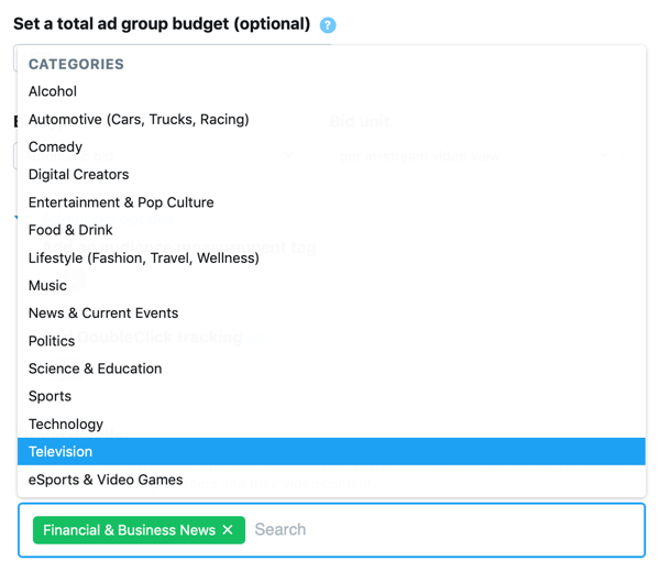 Option to select categories for your In-Stream Video Views (Pre-Roll) Twitter ad.