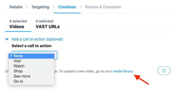Options to set a call to action for your Twitter-hosted video for your In-Stream Video Views (Pre-Roll) Twitter ad.