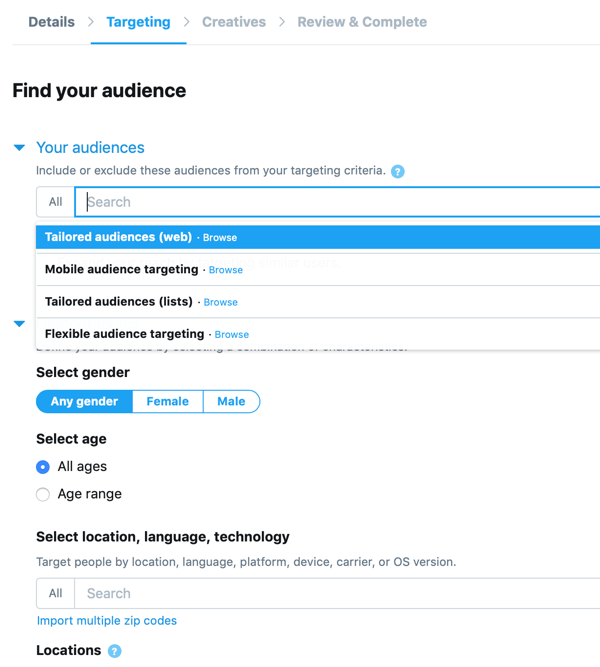 Option to set your audience for your In-Stream Video Views (Pre-Roll) Twitter ad.