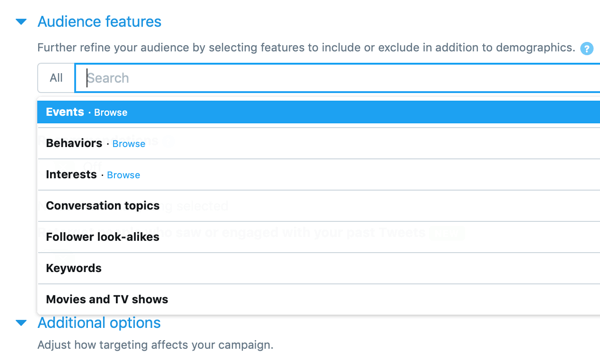 Options to refine your audience for your In-Stream Video Views (Pre-Roll) Twitter ad.