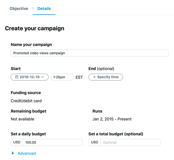 Example of campaign settings for your Promoted Video Views Twitter ad.