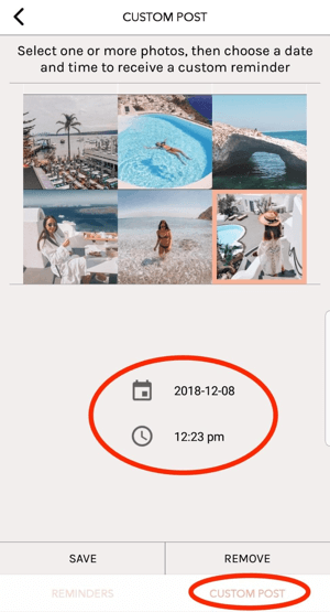Tap Custom Post in UNUM, and then select the day and time you want to post it to your feed.