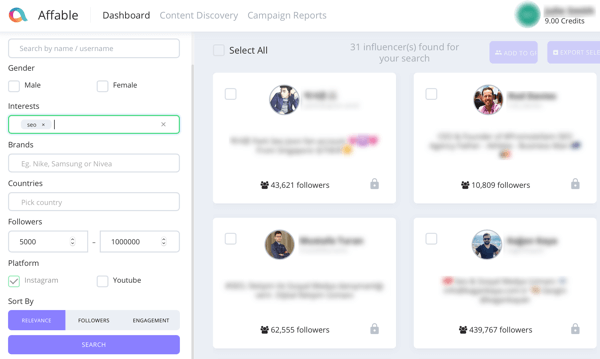 Example results of an influencer search in Affable.