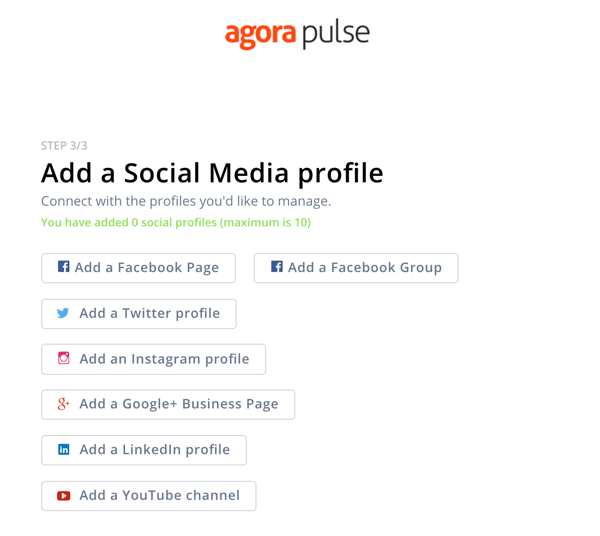 How to use Agorapulse for social media listening, step 1 add social profile.