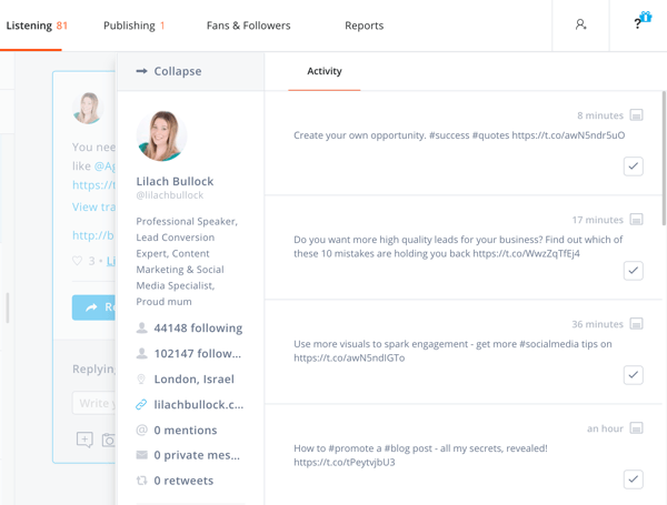 How to use Agorapulse for social media listening, Step 5 expand to see user activity.