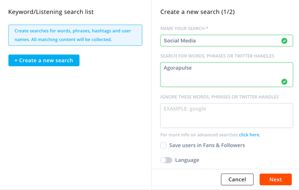 How to use Agorapulse for social media listening, Step 3 search details.