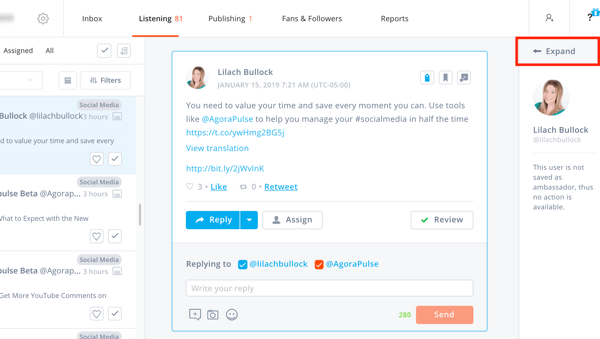 How to use Agorapulse for social media listening, Step 4 comment details.