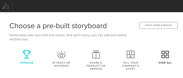 Option to select a storyboard template in Animoto.