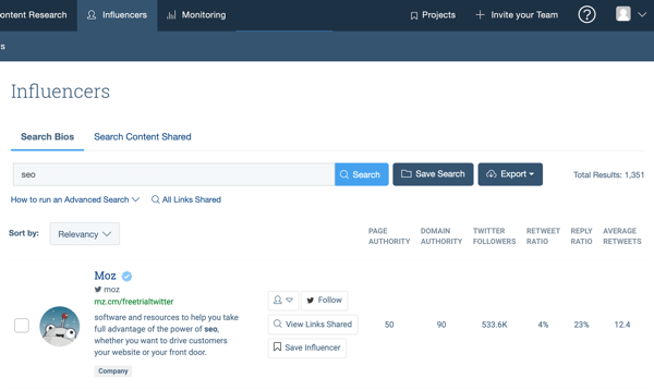 Example results for a BuzzSumo influencer search.