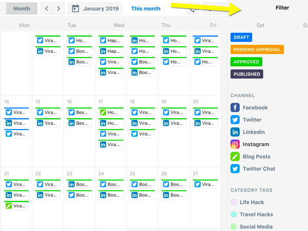 How to organize social media marketing tasks, ContentCal calendar overview with filters