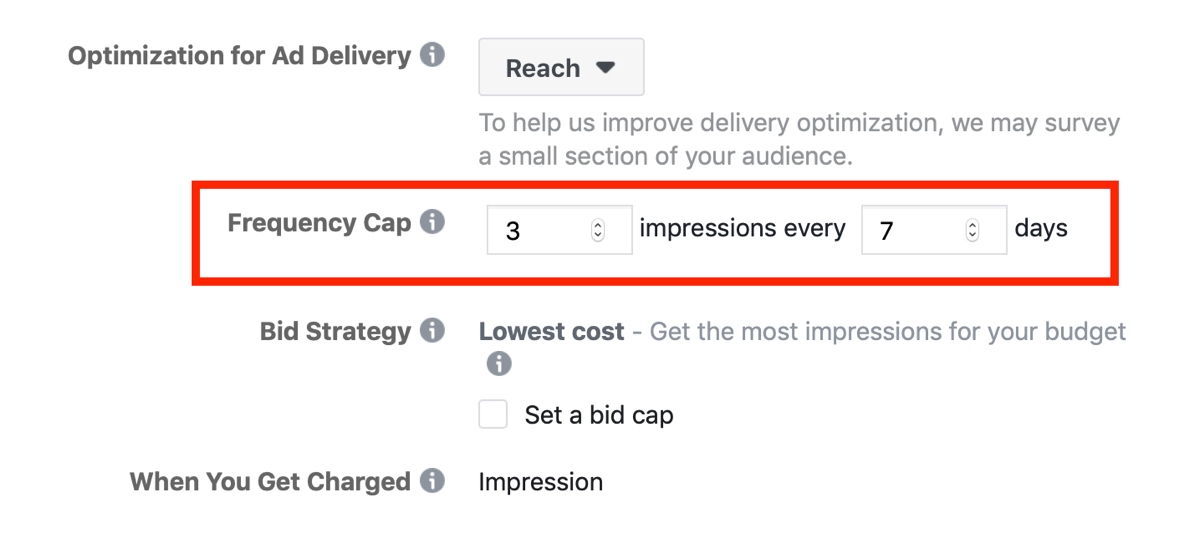 Facebook ad campaign frequency cap option.