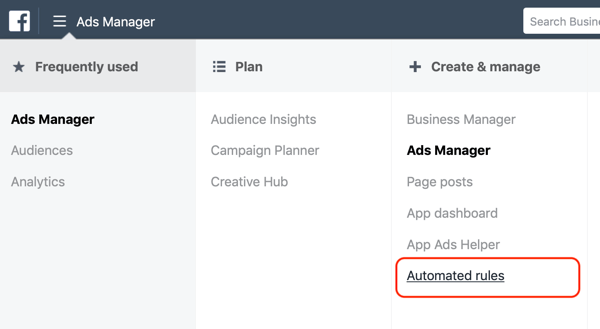 Use Facebook automated rules, find rules in Facebook Ads Manager step 1, create and manage column