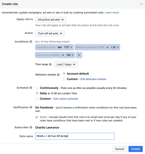 Use Facebook automated rules, stop ad set when ROAS falls below minimum, step 4, rule name