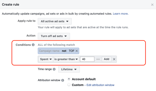 Use Facebook automated rules, stop ad set when spend is two times cost and less than 1 purchase, step 2, conditions settings