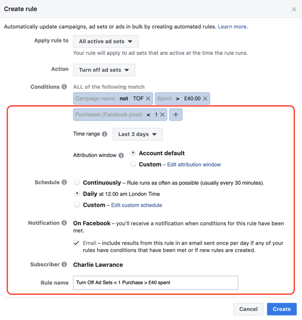 Use Facebook automated rules, stop ad set when spend is two times cost and less than 1 purchase, step 3, additional rule settings