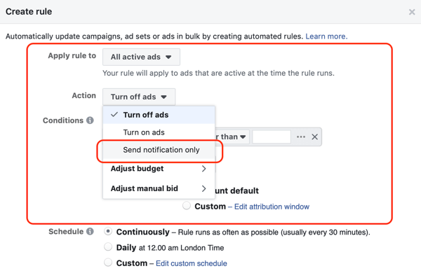 Use Facebook automated rules, notification when ad frequency above 2.1, step 1, ad set and action settings