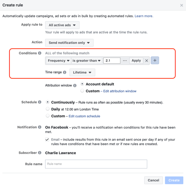 Use Facebook automated rules, notification when ad frequency above 2.1, step 2, conditions settings