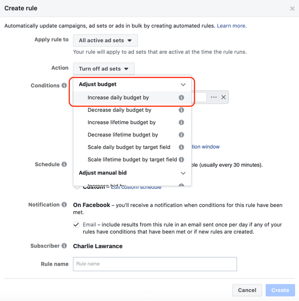 Use Facebook automated rules, increase budget when ROAS greater than 2, step 1, set action