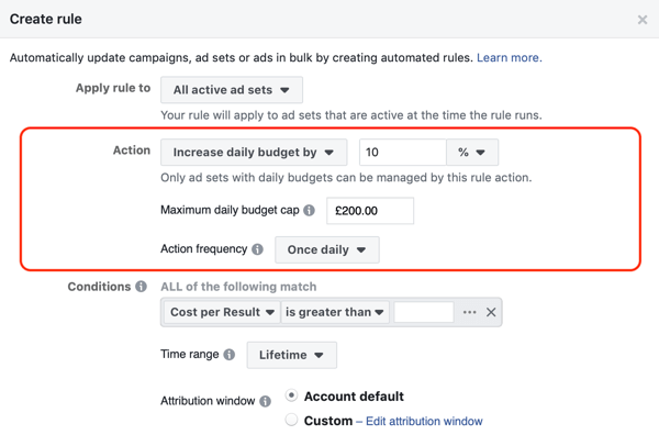 Use Facebook automated rules, increase budget when ROAS greater than 2, step 2, action settings