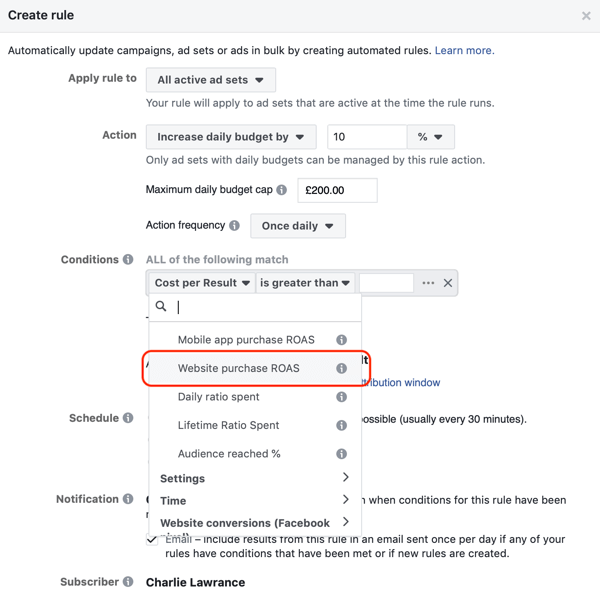 Use Facebook automated rules, increase budget when ROAS greater than 2, step 3, set conditions