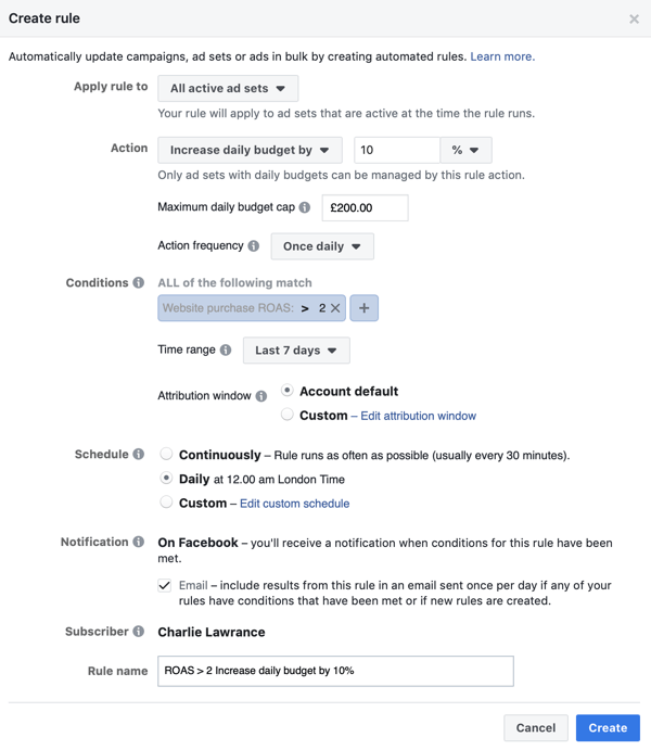 Use Facebook automated rules, increase budget when ROAS greater than 2, step 4, conditions settings