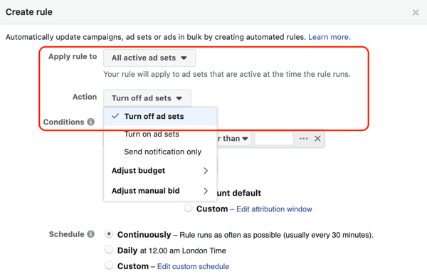 Use Facebook automated rules, stop ad set when ROAS falls below minimum, step 1, action settings