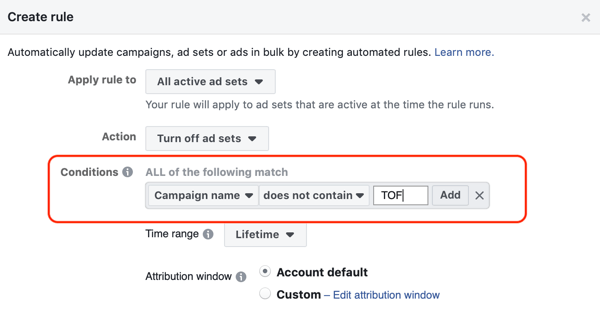 Use Facebook automated rules, stop ad set when ROAS falls below minimum, step 2, set conditions