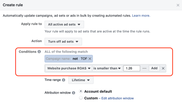 Use Facebook automated rules, stop ad set when ROAS falls below minimum, step 3, condition settings