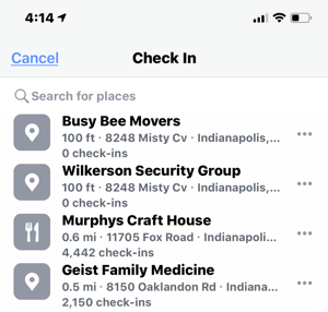 Example of check in locations for nearby businesses on Facebook.