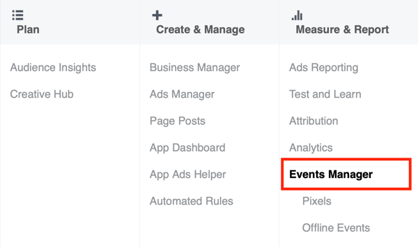 Option to select Events Manager in Facebook Ads Manager.