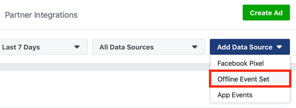 Option to select Offline Event Set as Data Source for your Facebook Ads offline events.
