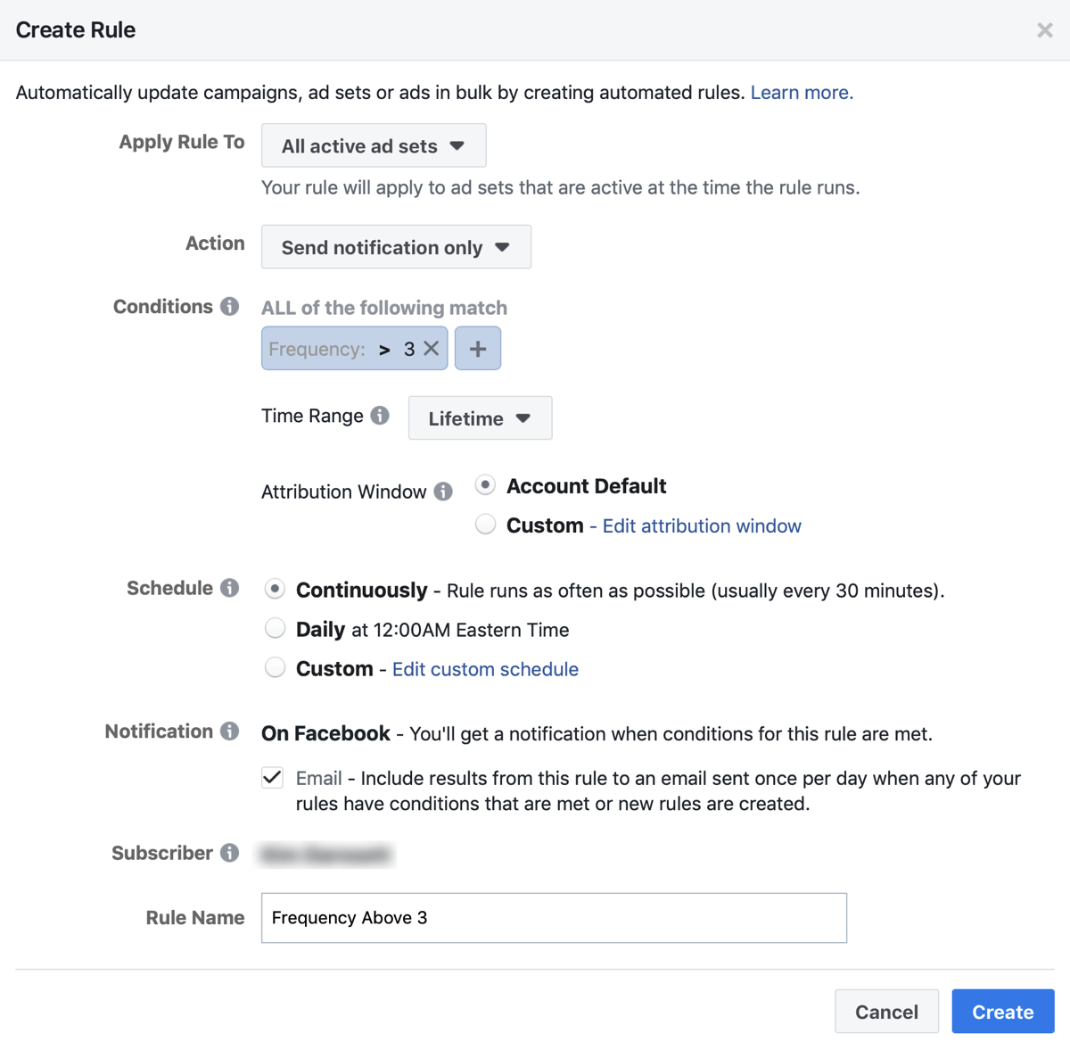 Facebook ad campaign create frequency limit rule settings.