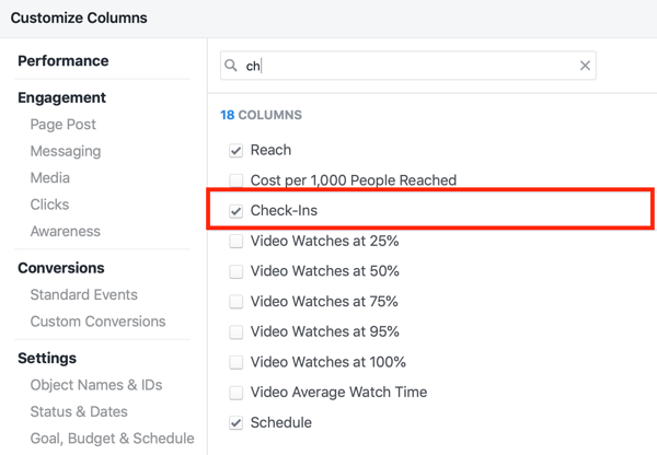 Selection of campaign performance data to include Check-Ins.